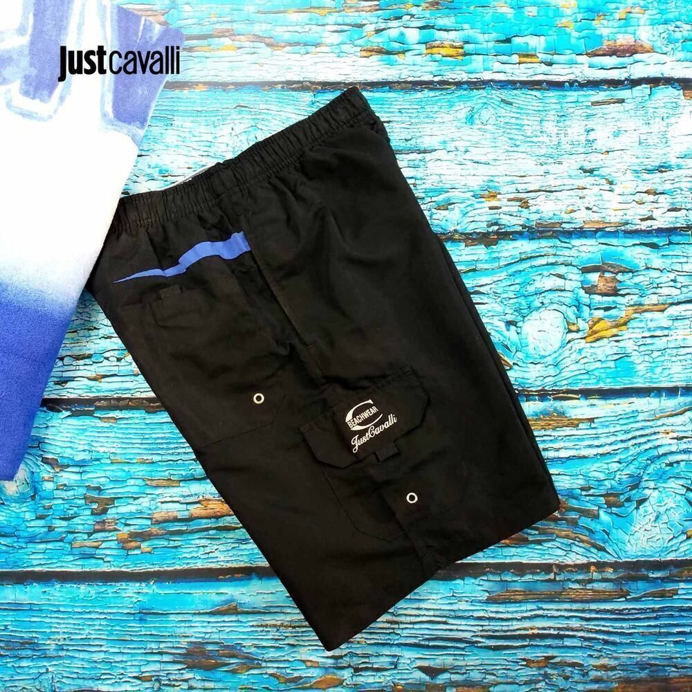 New Just Cavalli Men Black Swim Board Shorts Trunks Side Pocket
